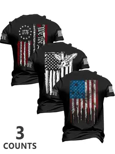 Men's Flag Series Short Sleeve Fitted Casual T-Shirt, American Vintage Streetwear Style, Perfect for Daily Wear, Outdoor Activities, Patriotic Apparel