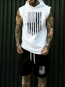 Men's Summer Sleeveless Hooded Top + Drawstring Shorts Set, Flag Pattern Print, Casual Sportswear, Ideal for Daily Wear