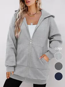 Zipper Women's Basic Longsleeves Plain Hoodie Sweatshirt - Autumn Winter Casual Top, Polyester Blend, Loose Fit, Zipper Closure, Pockets, Machine Washable Essential