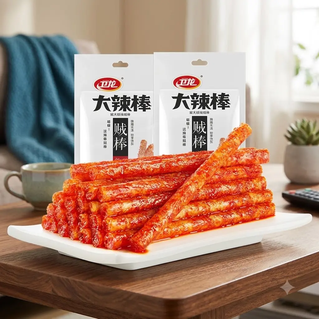 Spicy Strips Latiao Chinese Snack, Chewy Wheat & Soy Snack with Sweet & Spicy Flavor, Vegan, 78g Pack of 2