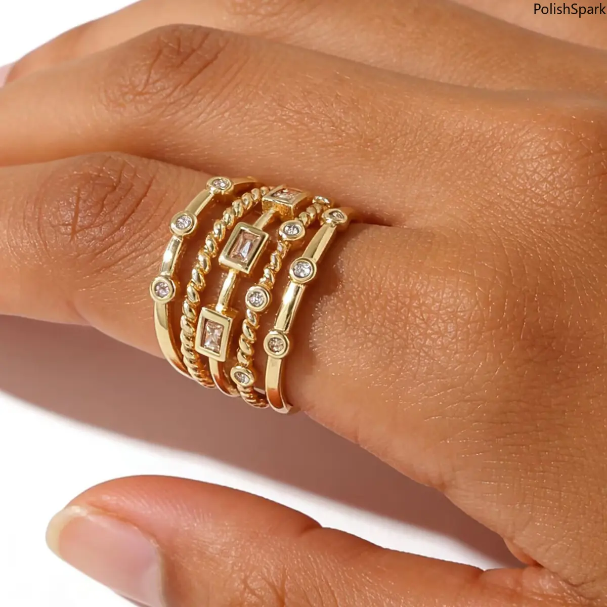 5-Layer Stacked CZ Ring, Gold Adjustable Open Statement Ring with Square & Round Crystals summervibes, Adjustable Stackable Ring, Stackable Ring Set
