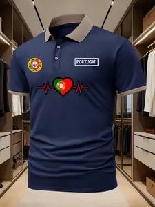 Men's Polo Shirt with Portuguese Emblem Heartbeat Print, Casual Slim Fit Short Sleeve Golf Tee for Spring & Fall