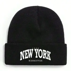 S&T 1989 New York Manhattan Typography Design Winter Beanie For Men Women Soft Warm Knit Hat Ski Stocking Cuffed Cap