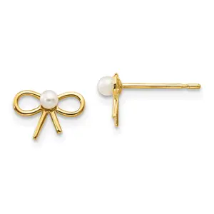 14k Yellow Gold Fresh Water Cultured Pearl Bow Post Stud Earrings, 6x9mm