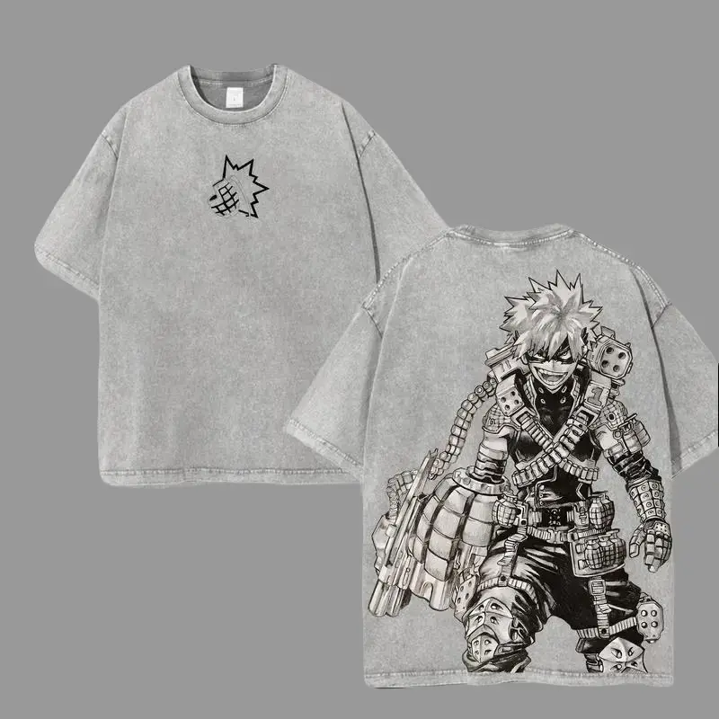 Men's Acid-Washed Oversized Cotton T-Shirt - Lightweight Round Neck, 2-Sided Katsuki Bakugo My Hero Academia Anime Print, Ideal for Birthdays, Casual Gifting, Party