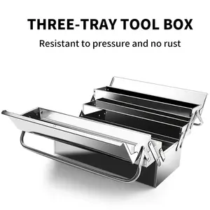 OUDISI Stainless Steel Folding Toolbox - Thick, Rustproof, Waterproof, 2/3-Layer Portable Industrial Multi-Functional Storage Box with Multi-Compartment Tool Holder