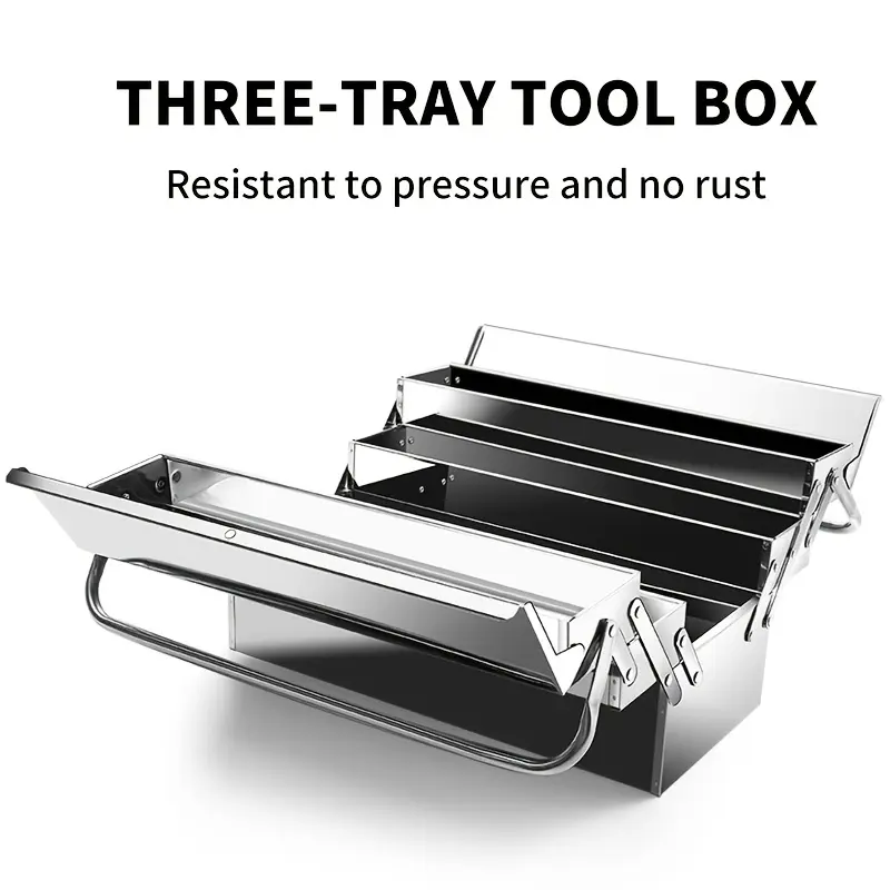 OUDISI Stainless Steel Folding Tool Kit Set - Thick, Rust-Resistant, Waterproof 2/3-Layer Portable Industrial Multi-Functional Storage Box with Latch, Handle, Multi-Compartment Holder for Mechanics