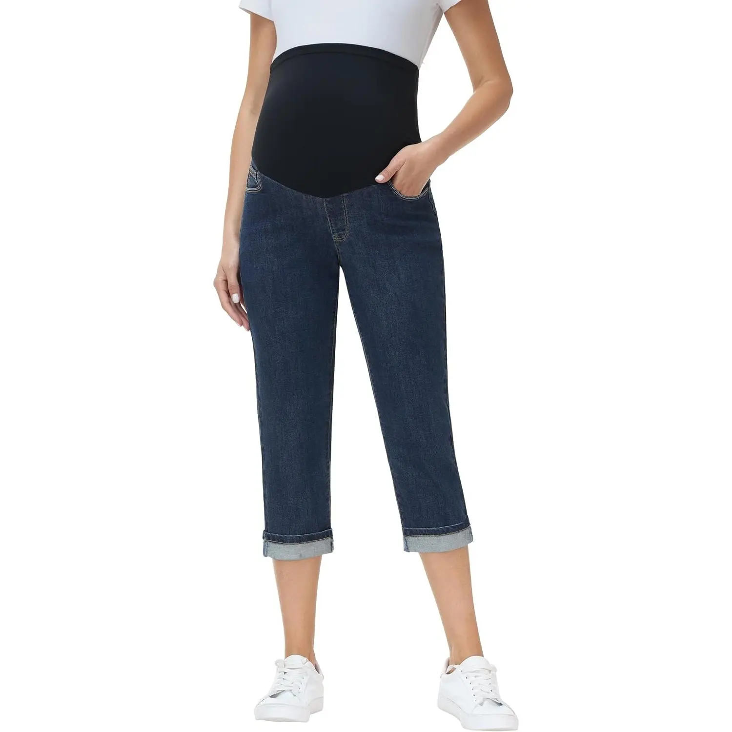 V VOCNI Women's Maternity Over-Belly Cuffed Denim Capris - Casual, Date-Ready Pregnancy Cropped Jeans with Pockets, Dates, Capri, Stretch Denim, Blouses, Over-Belly Panel, Cropped Length