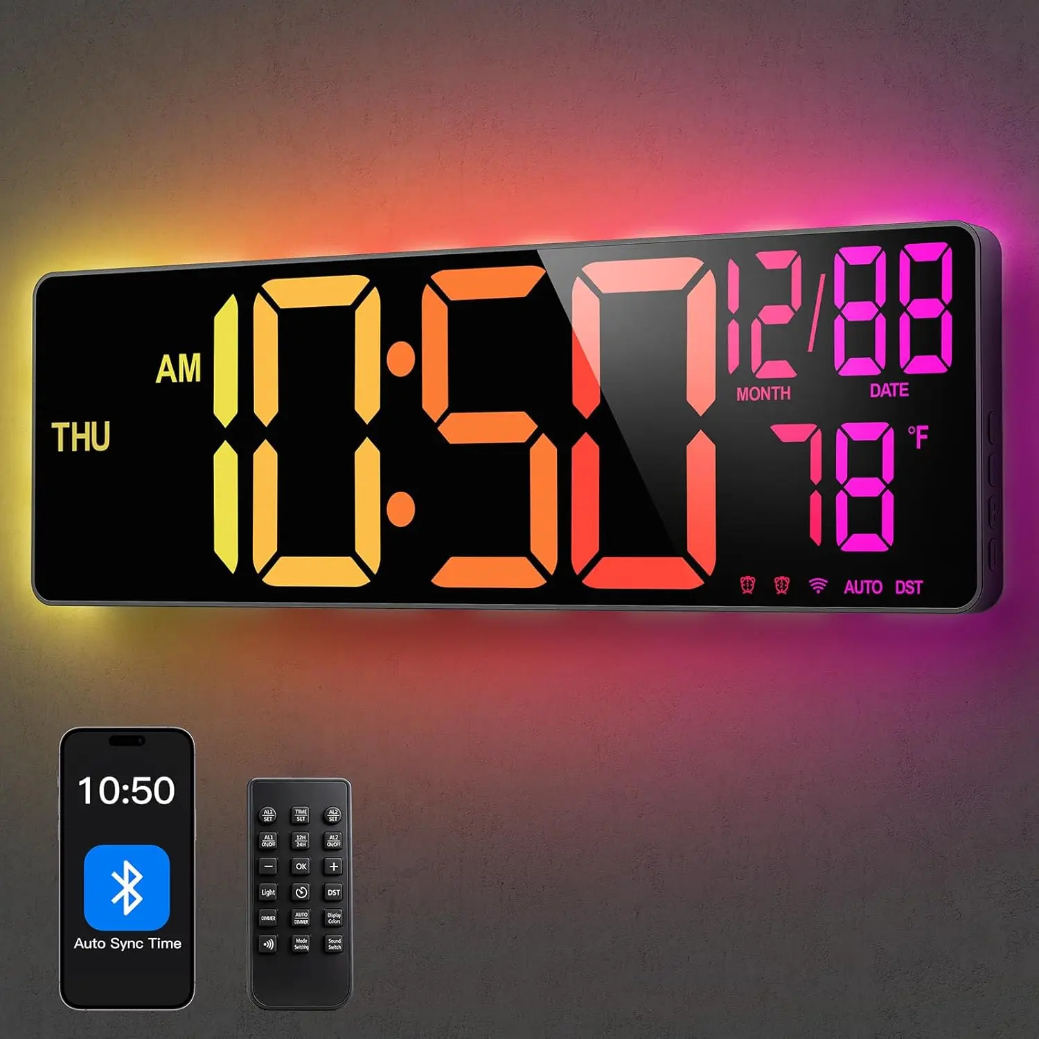 SummerWins | 16'' Large Digital Wall Clock with Bluetooth Auto Sync, RGB Night Light, Temperature Date Week Display, Voice Control, Dual Alarm, Remote