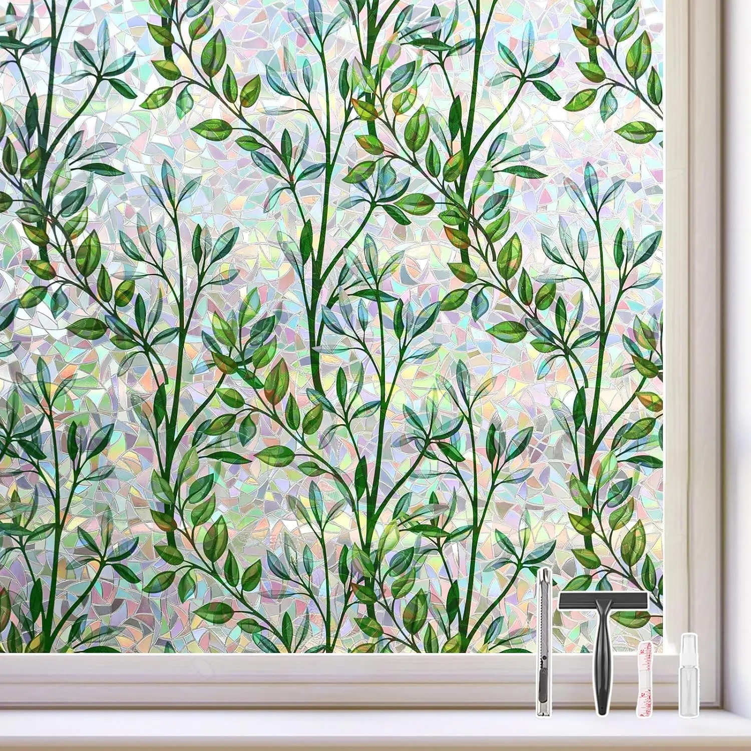 Window Film Rainbow Privacy Film Stain Glass Cling 3D Decorative Stickers for Glass Doors, Sun Blocking Static Cling Window Cover, Non-Adhesive 17.5 x 78.7 inches