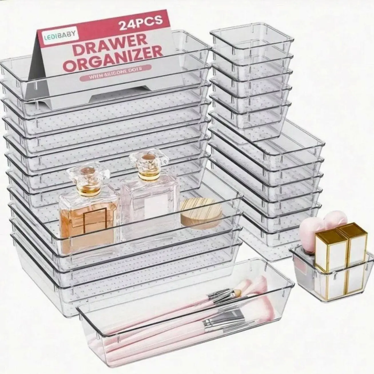 24pcs Clear Acrylic Drawer Organizer Set, Modular Storage Bins for Vanity, Kitchen, Desk, and Junk Drawer Organization