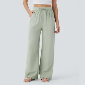 High Waisted Drawstring Pocket Wide Leg Casual Linen-Feel Pants