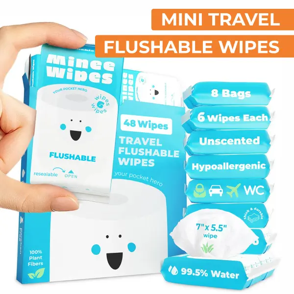 Travel Flushable Wipes (Credit Card Size) - Pocket Butt Wipes for Adults & Kids, Unscented Travel Essentials by Minee Wipes