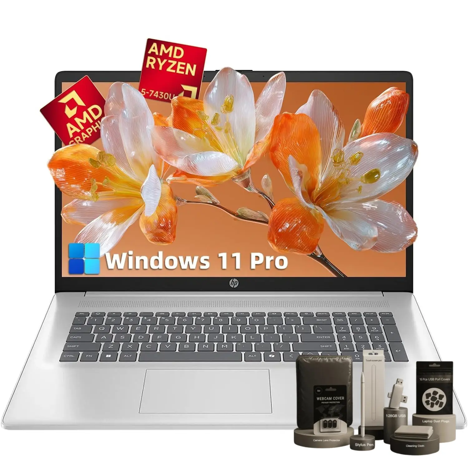 HP Flagship 17-CP3565NR 17.3" Touch Laptop, 1600×900 HD+ Anti-Glare Display, Windows 11 Pro, Copilot, AMD Ryzen 5 7430U (up to 4.3GHz), Built-in Li-ion, Wi-Fi 6, Fast Charge, 8/16/32GB RAM, 256GB/512GB/1TB/2TB SSD