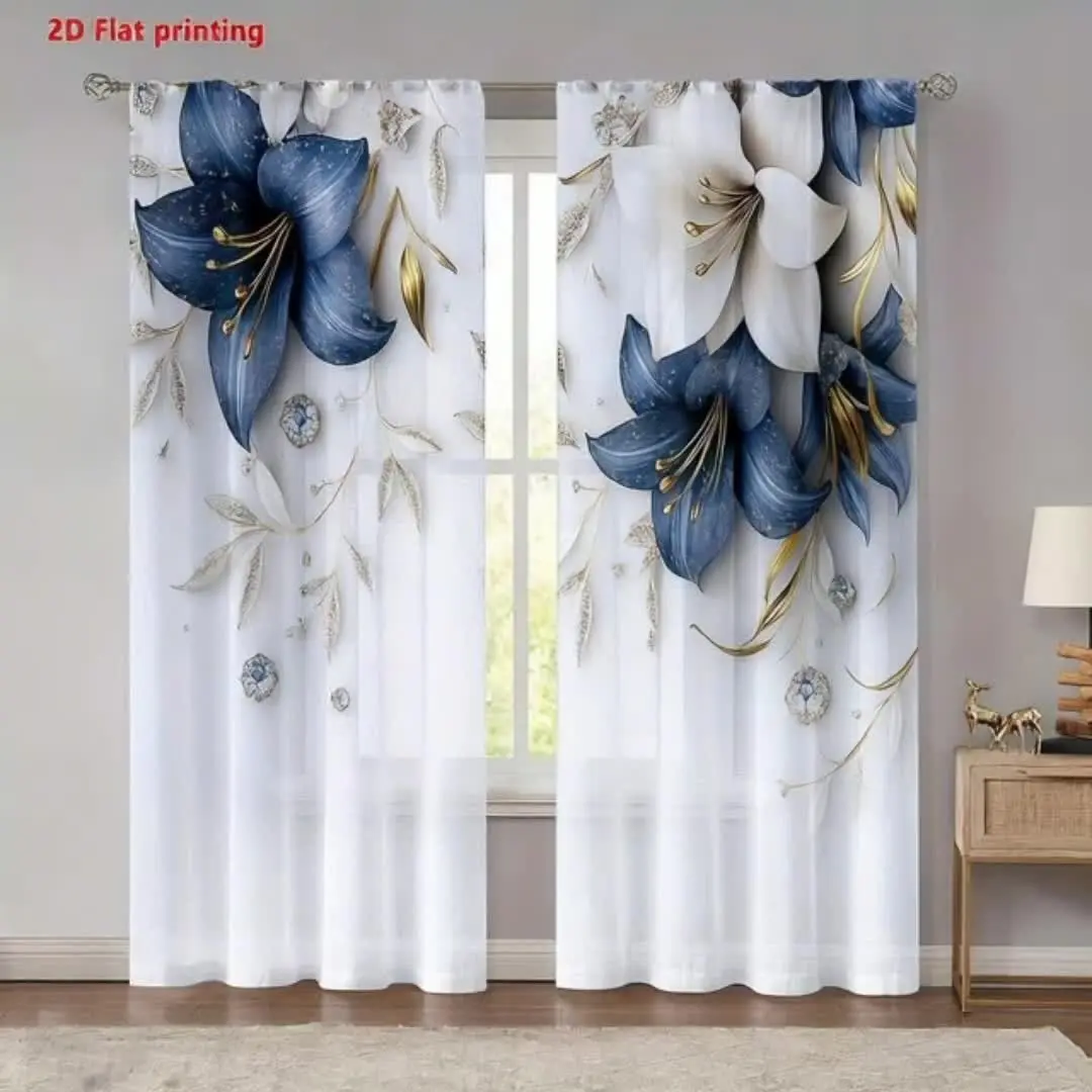 Elegant Blue Lily Curtain Set (2 Pieces), Window Curtain, Window Drapes, Home Decoration Curtain, Rod Pocket Design, Privacy Curtains, Easy to Hang, Semi-Sheer Polyester Fabric, Room Decor Curtain