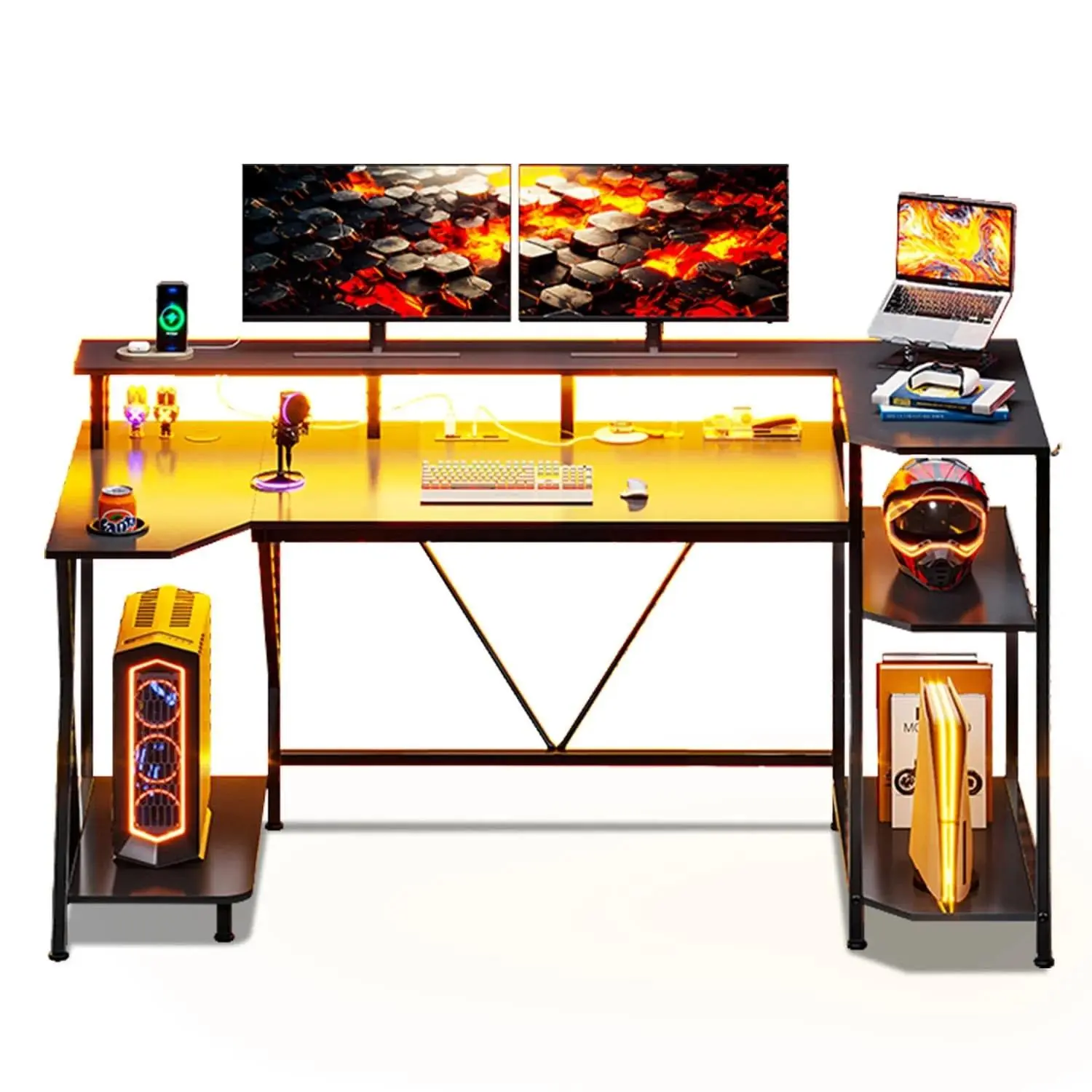 Sikaic 55-Inch Ergonomic Gaming Desk - Specialty Office Furniture with Storage Shelves, Monitor Riser, Large Desks for Home Office Setup (Black), Computer Desk