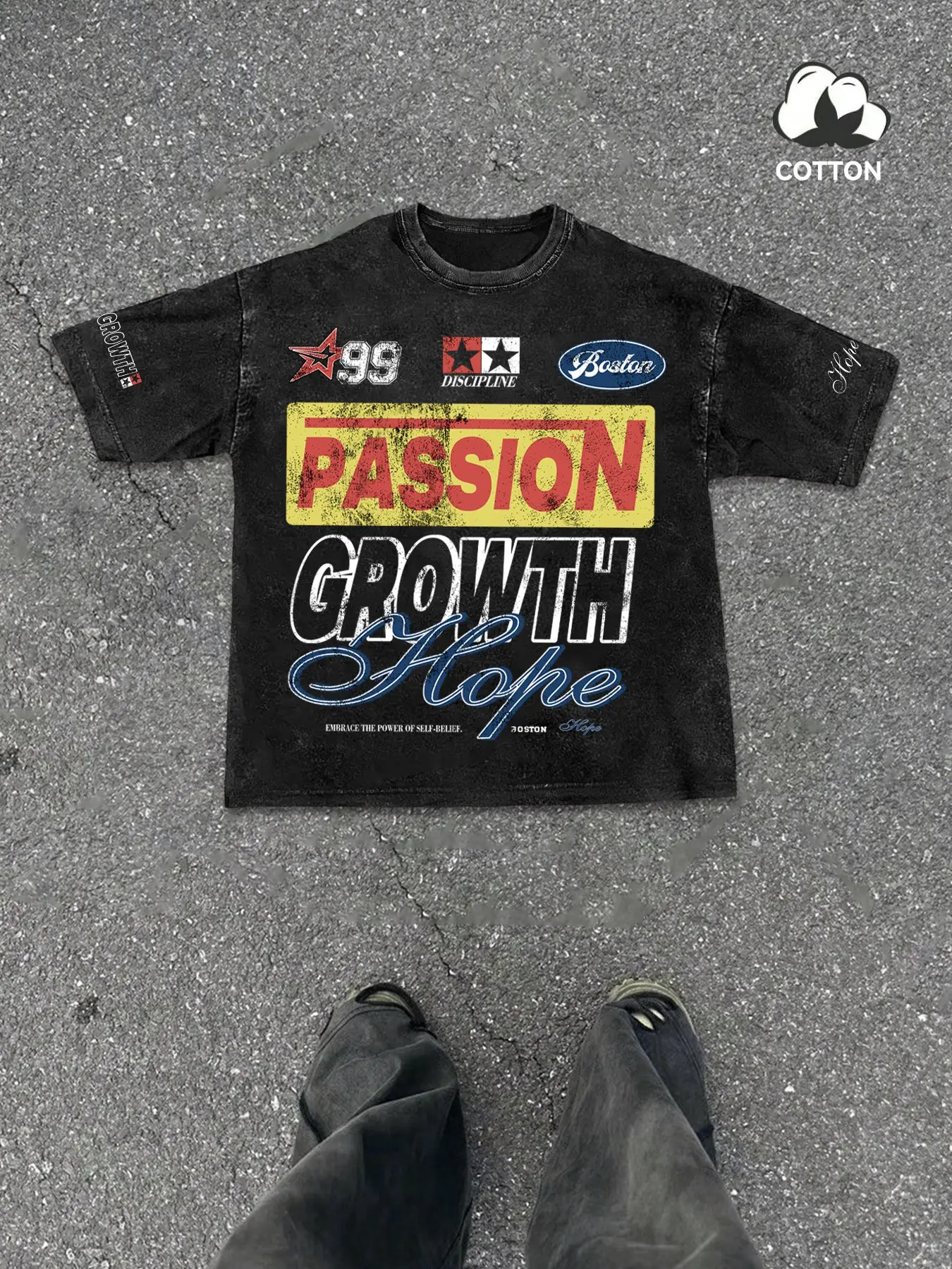 Unisex Vintage Racing Style Casual Loose Fit T-Shirt, Heavy Wash Cotton Graphic Full Print Top, Y2K Streetwear Menswear for Music Festivals & Daily Wear, Casual Stylish Tee