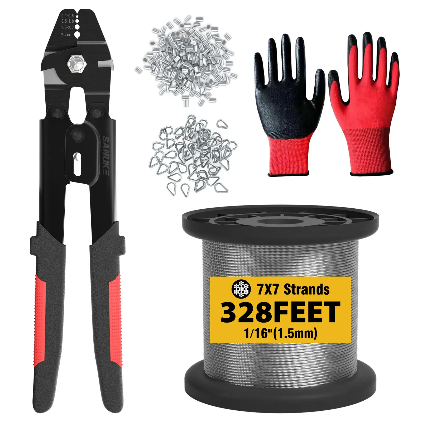 Sanuke Wire Rope Crimp Kit with 328ft Stainless Steel Cable 7x7 Strand Core 1/16'' Aluminum Sleeves & Thimble for Precise Crimping