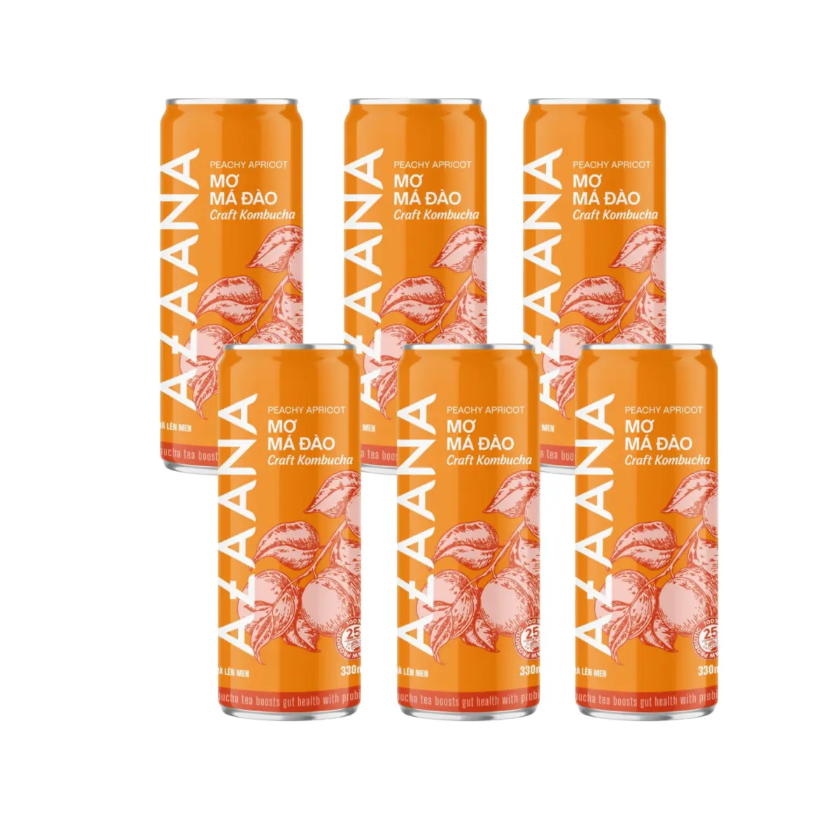 [Azaana] Probiotic Nectarine-Peach-Apricot Kombucha Beverage - Caffeine-Free, Natural, Vegetarian, Chilled, Fizzy, No Preservatives, Cholesterol-Free, 330ml (6 Cans), Supports Gut Health for Daily Refreshment