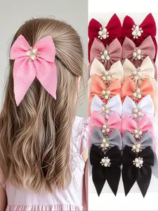 Elegant Girls' Pearl Crystal Hair Clips Set, Textured Bow Design, Perfect for Daily Use & Princess Style, 8-Piece Collection, Hair Accessories Sets