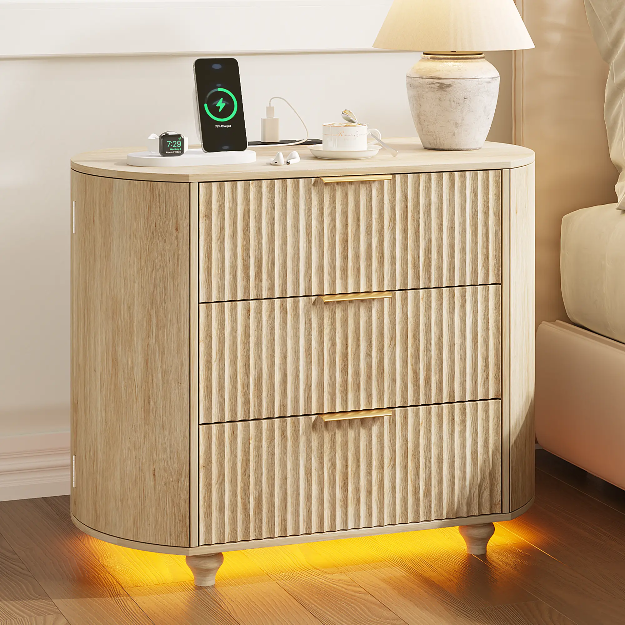 Oversized Farmhouse Style Bedroom Nightstand - Wood Blend 3-Drawer Modern LED Bedside Table with Charging Station, 3-Color Dimmable Lights & Storage Cabinet, Oak & Matte Black, Bedroom Nightstands, Farmhouse Style Nightstand