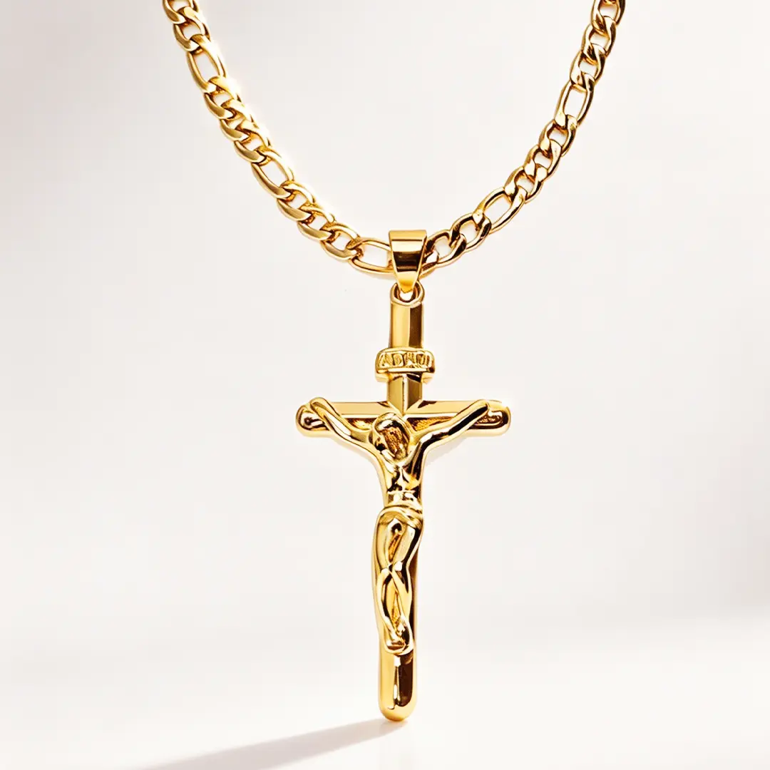 14K Gold-Plated Jesus Cross Pendant Necklace Vintage Style Smooth Charm Jewelry for Men Ideal for Prayer Holiday Blessings Everyday Elegant Durable Chain Jesus Necklace