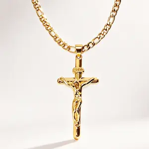 14K Gold-Plated Jesus Cross Pendant Necklace Vintage Style Smooth Charm Jewelry for Men Ideal for Prayer Holiday Blessings Everyday Elegant Durable Chain Jesus Necklace