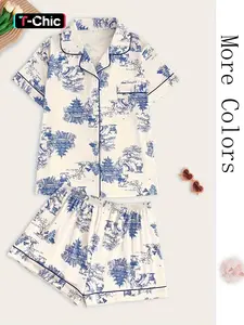 Two-Piece Set Women's All Over Print Lapel Neck Pajama Set, Casual Comfy Short Sleeve Top & Shorts Matching PJ Set, Ladies Sleepwear for All Seasons Casual Pajama Sets