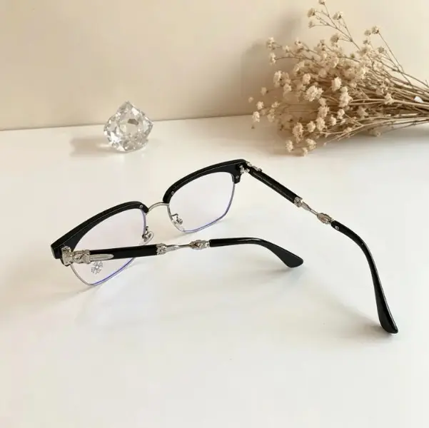 Chrome Hearts Black Browline Square Glasses, Clear Lens Half Rim Fashion Eyewear with Silver Metal Accents, Retro Non-Prescription Frames