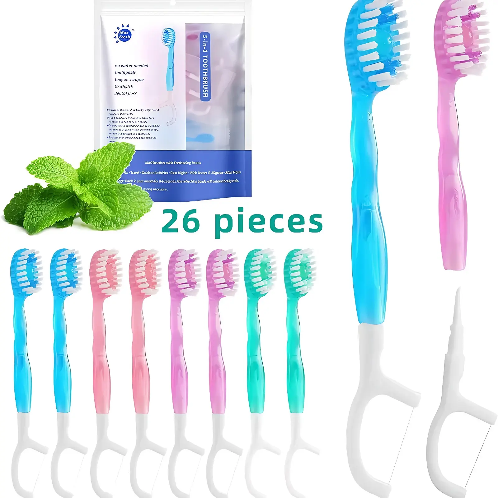 26pcs 5-in-1 Disposable Mini Toothbrush Set - Individually Wrapped Oral Care Kit with Floss, Tongue Scraper, Toothpick, Toothpaste, Portable Compact for Travel, Business Trips