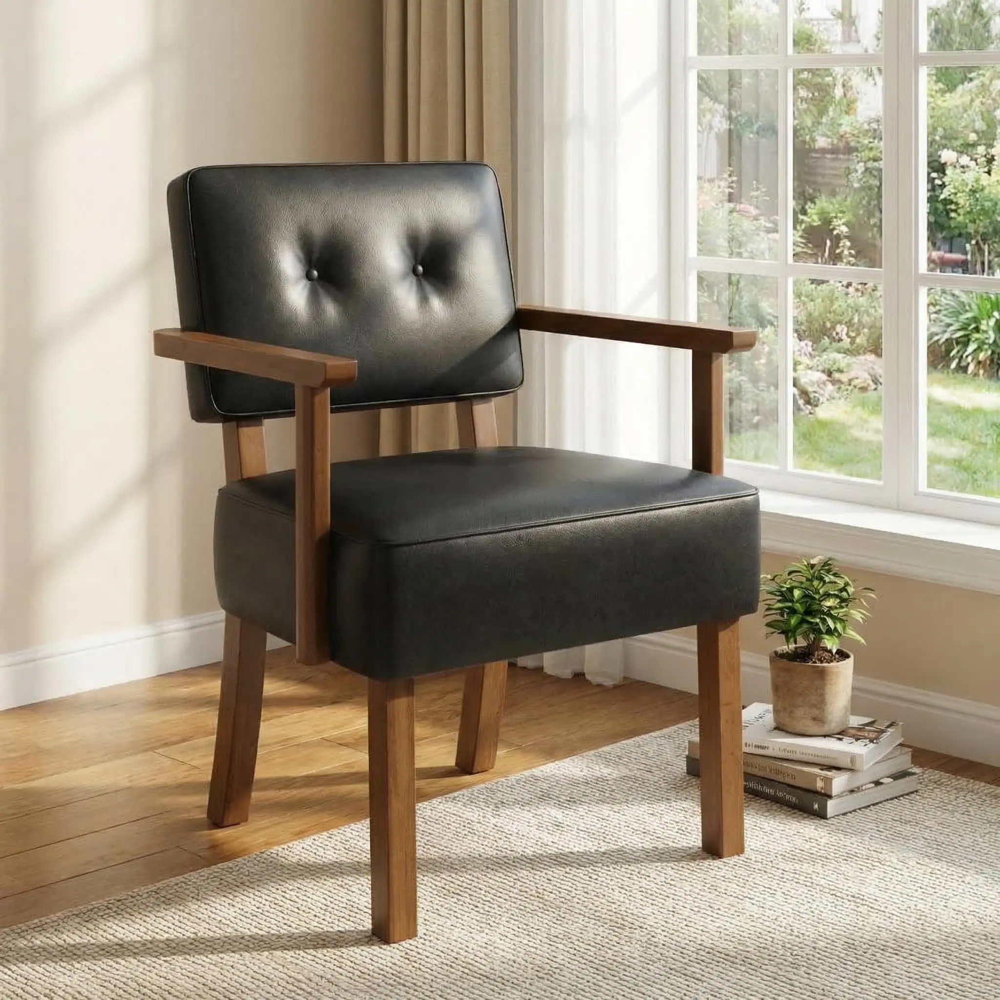Garvee Mid-Century PU Leather Accent Chair with Wood Frame, Classic Vertical Stripe Upholstered Lounge Armchair, Comfy Reading Chair for Living Room, Bedroom, Balcony