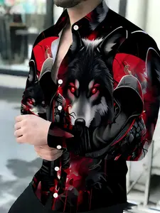 Men's Fitted Blood Wolf Print Long Sleeve Shirt, Casual All Season Wear, All over Print Design, Comfortable Fit