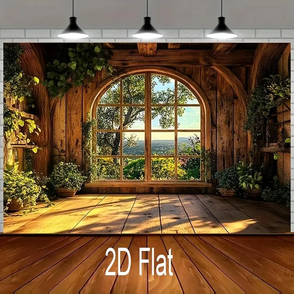 Rustic Synthetic Window Scene Polyester Photography Backdrop Sheet - 2D Flat 1-Piece Design with Plants & Greenery, Party Decorations Banners, Wedding Party Backdrop (Multi-Size)