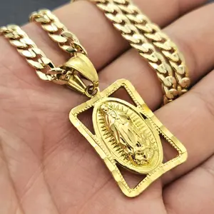 Guadalupe Virgin Mary Holy Religious High-End Pendant & 14K Stamped 5mm 20" 24" Brass Cuban Chain Hip Hop Style Necklace Fashion Jewelry