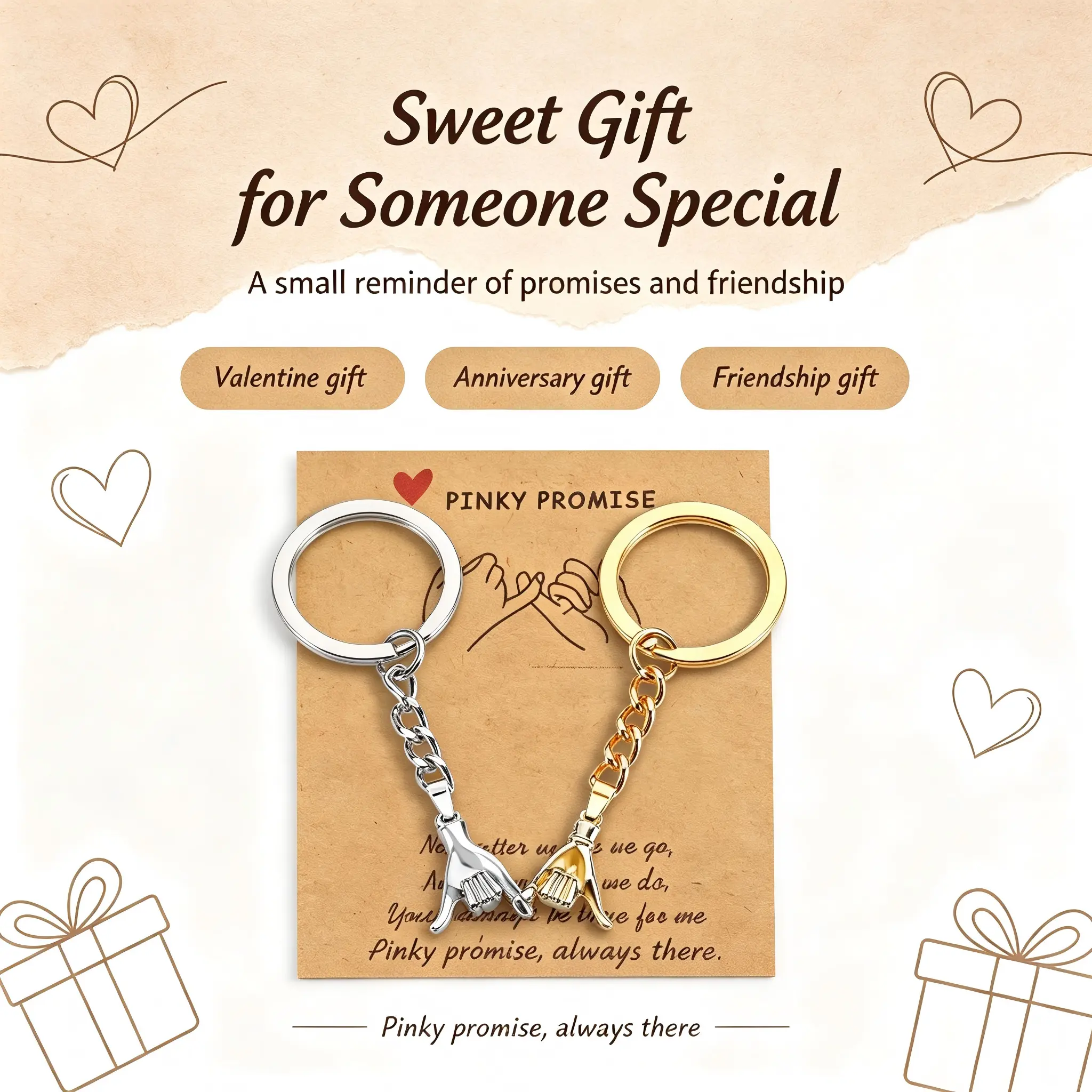 2-Pcs Love Motif Pinky Promise Matching Couple Keychain Set, Hand-In-Hand Metal Keyring Matching Pairs, Romantic Theme Valentine Day Gift For Boyfriend Girlfriend, Set Of 2 Fashion Accessory