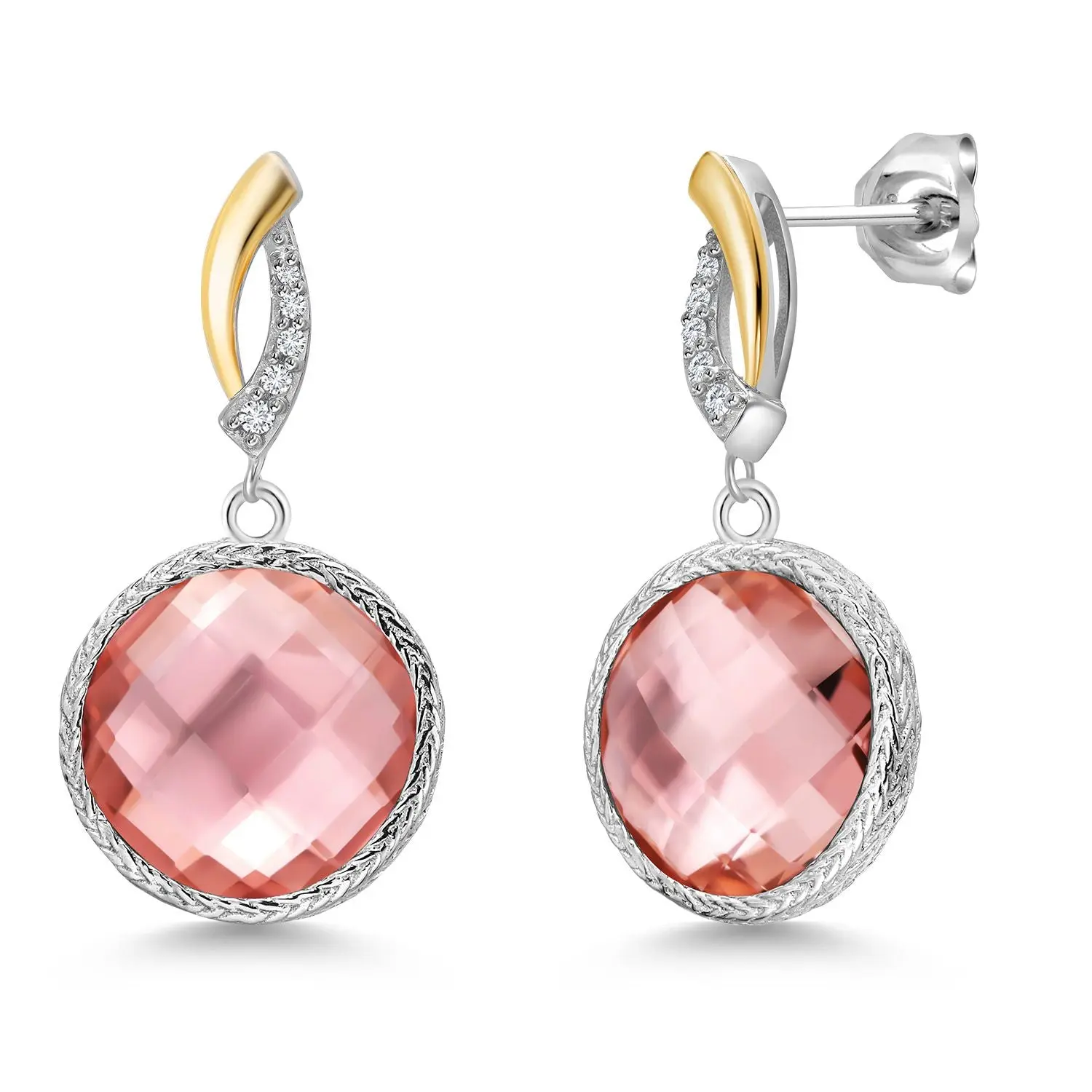 Gem Stone King 925 Sterling Silver Peach Nano Morganite and White Lab Grown Diamond Earrings for Women | 13.47 Cttw | Gemstone March Birthstone | Round 12MM