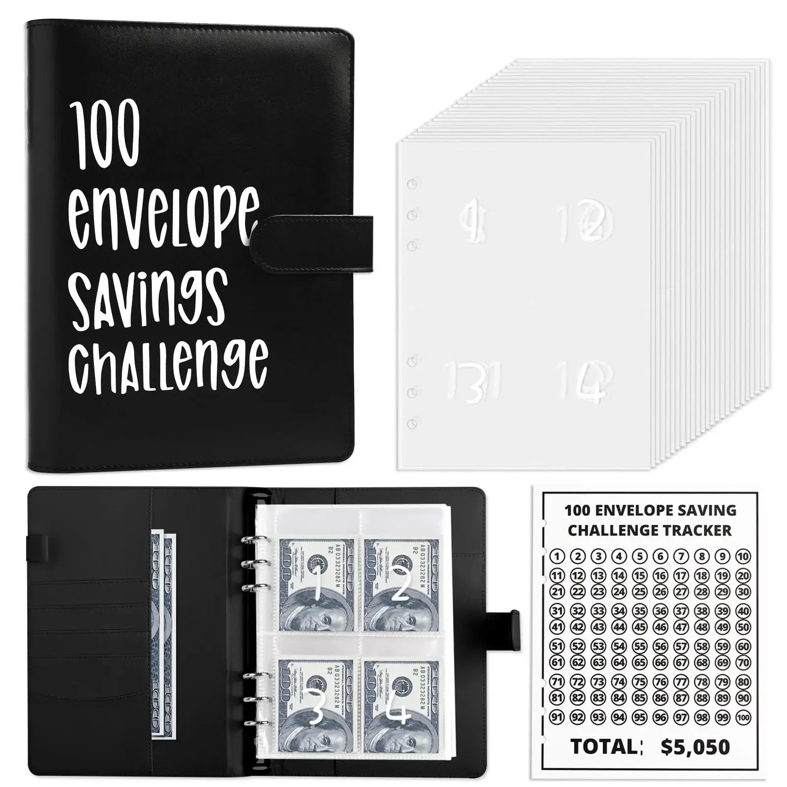 100 Envelopes Money Saving Challenge - A5 Money Saver Budget Binder Book with Cash Envelopes and Numbers, 100-Days of Easy and Funny Ways to Save $5,050 Cash Envelope Challenge Binder, Black
