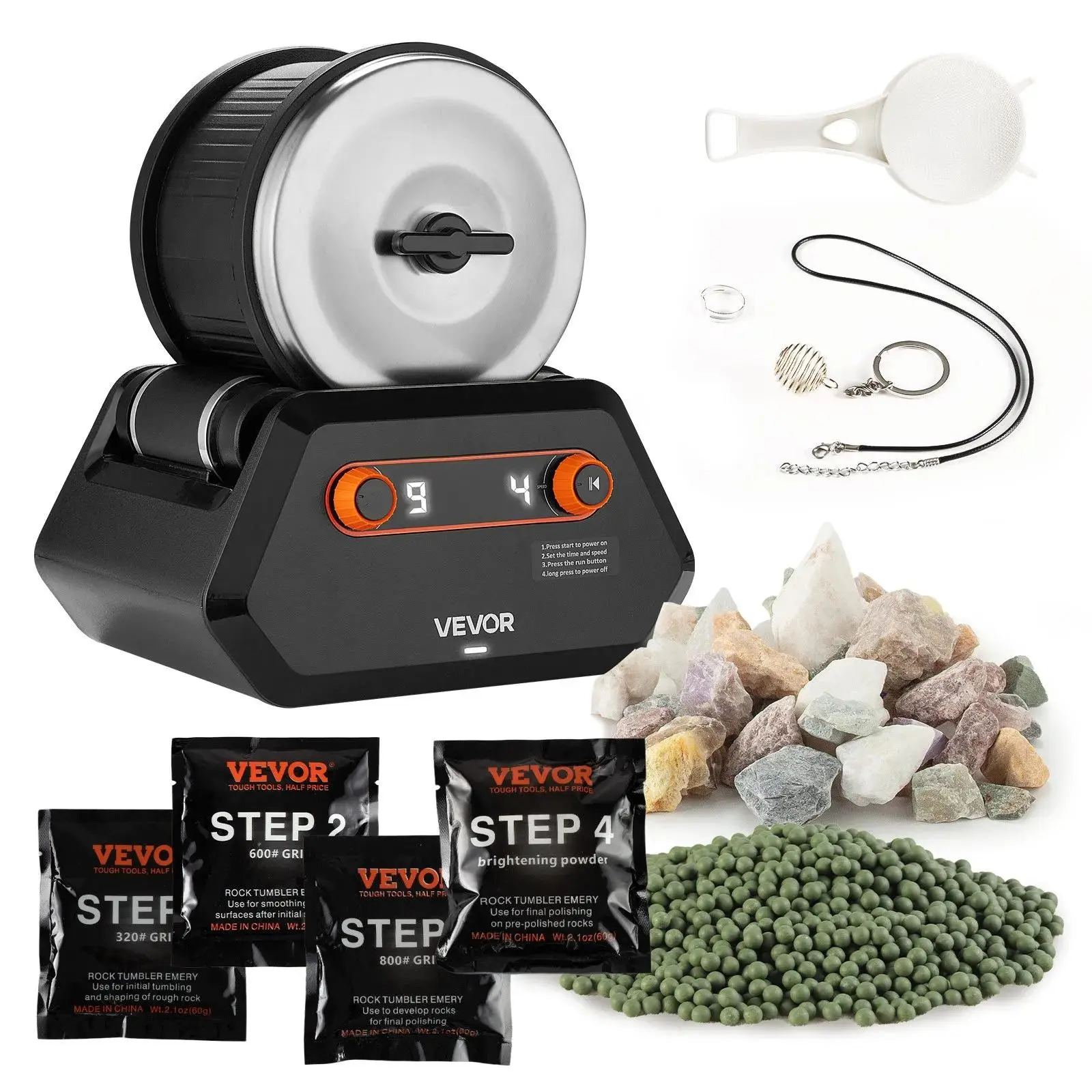 【Summerfinds】VEVOR Rock Tumbler Kit,  , 3 lbs Rock Polishing Kit, 4 Speed Settings 9-Day Polishing Timer Stone Polishing Kit, Rock Polisher with Rough Gemstones and Polishing Grits, Rock Polisher for Adults Kids