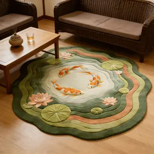Vintage Style Irregular Shape Koi Fish Pond Lotus Pattern Rug, Washable Plush Carpet for Living Room Bedroom Balcony Outdoor Decor, Home Decorative Rugs
