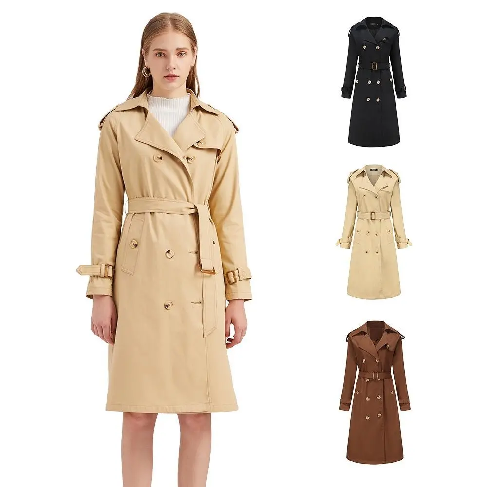 BIGWIG women's mid-length trench coat, windproof jacket with belt, lightweight double-breasted wool coat, solid color trench coat, fitted waist and lapel top, suitable for spring and autumn wear