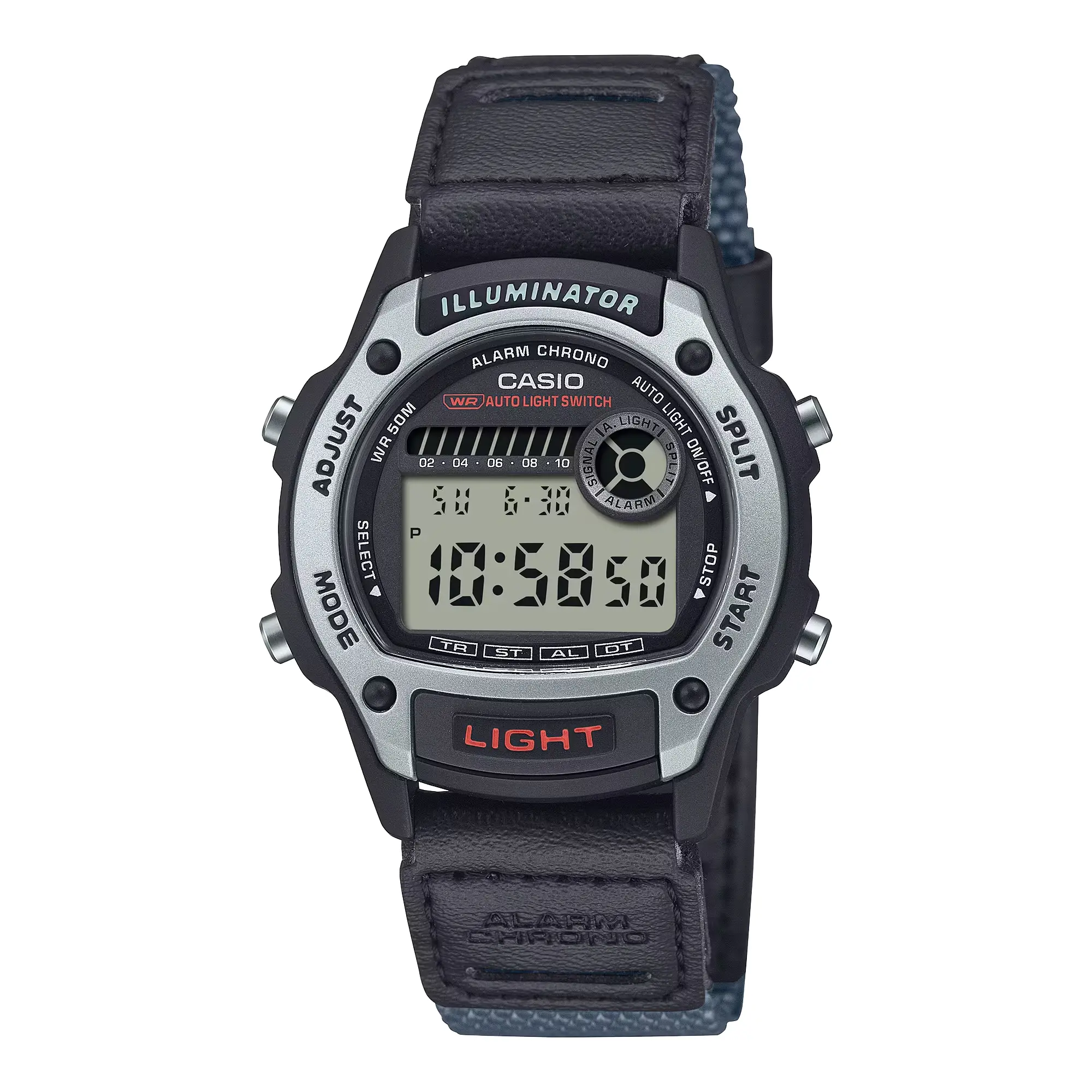 Casio Men’s Digital Illuminator Chronograph Watch with Black Leather and Gray Cloth Band - W-220HF-8AV