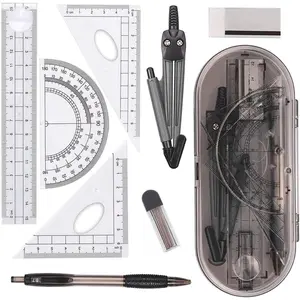 Math Geometry Kit Set 8 Pieces Student Supplies with Shatterproof Storage Box,Includes Rulers,Protractor,Compass,Pencil Lead Refills,Pencil,Eraser.for Students and Engineering Drawings