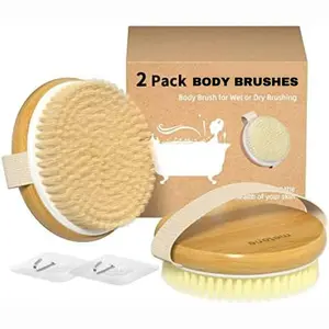 2 Pack Bamboo Dry Body Brushes, Shower Brush Wet and Dry Brushing, Dry Brush for Cellulite and Lymphatic, Body Scrubber with Soft and Stiff Bristles