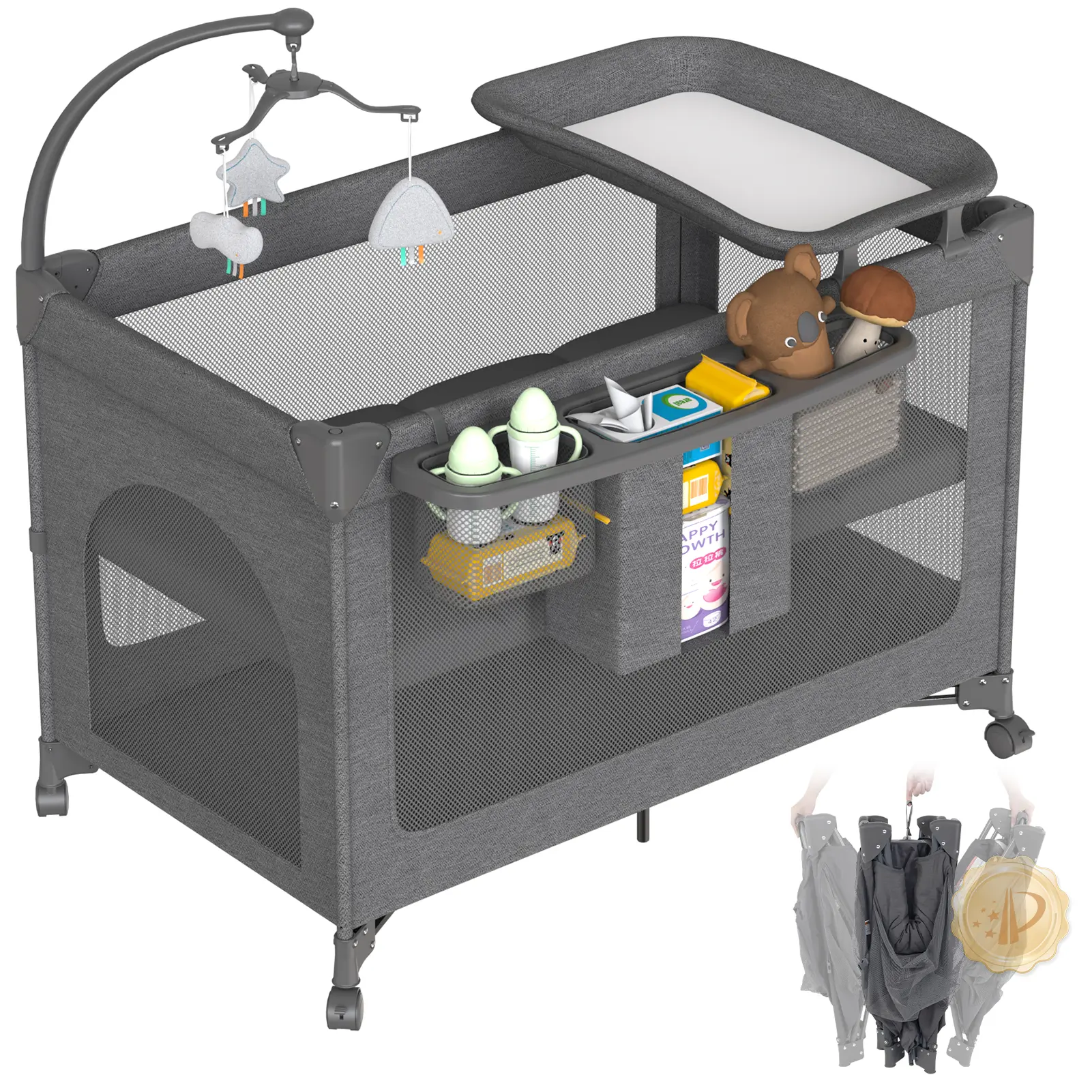 4 in 1 Baby Bassinet, Pack and Play, Baby Playard,Bedside Crib Sleeper, Diaper Changer, Quickly Assembled and Folded Portable Crib with Mattress and Mosquito Net,,Baby Crib with Wheels and Storage basket，Nursery Center for Newborn to Toddler 0-36M-Black
