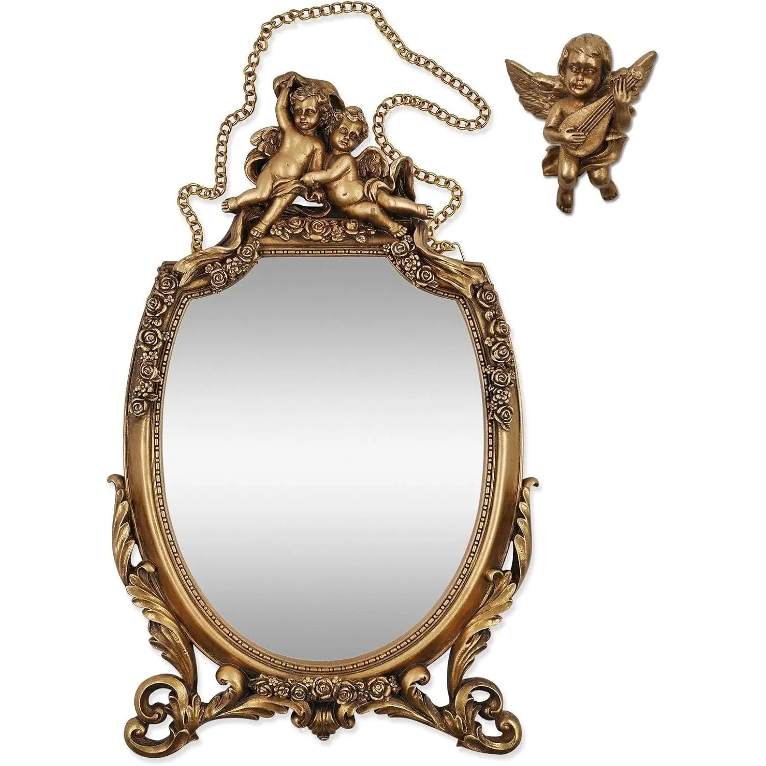 SIMON'S SHOP Vintage Mirrors for Wall, Baroque Style Gold Hanging Mirror with Cherub and Floral Ornaments, 17 x10 inches Decorative Framed Mirror