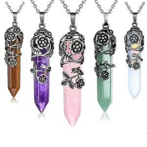 Elegant Crystal Point Pendant Necklace for Women Flower Wrapped Design Hexagonal Quartz, Multi-Color Chakra Necklaces