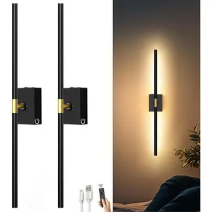 Battery Operated Wall Sconces Set of 2: 10000mAh Rechargeable Wall Lights with Remote Control, 360° Rotate Wireless Wall Scone Decor for TV/Mirror Bedroom Living Room, 31.5 Inch, Black