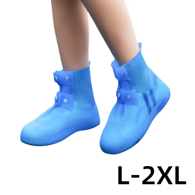Reusable Waterproof Latex Shoe Cover, 1 Pair, Mid-calf with buttons, available in blue and white, Durable Waterproof Shoe Covers for Outdoor Travel, Camping and Hiking-MM1