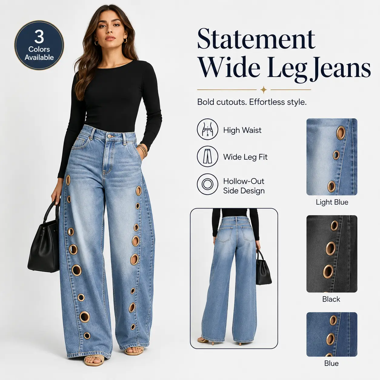 Women's High-Waist Wide-Leg Denim Jeans, Eyelet Hollow-Out Side Statement Pants, Loose Full-Length Streetwear for  Outdoor Activities (3 Colors)