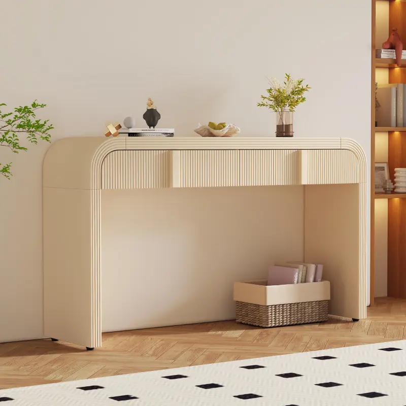TREXM Modern MDF Freestanding Console Table - Groove Drawers, Fluted Design, Rounded Curve Silhouette, Adjustable Height (55x14.9x31.4"/55.00x14.90x31.40in), Adjustable Foot Pads, 49.30 lbs, Polished Apricot Cream, Hallway Storage, Partially Assem.